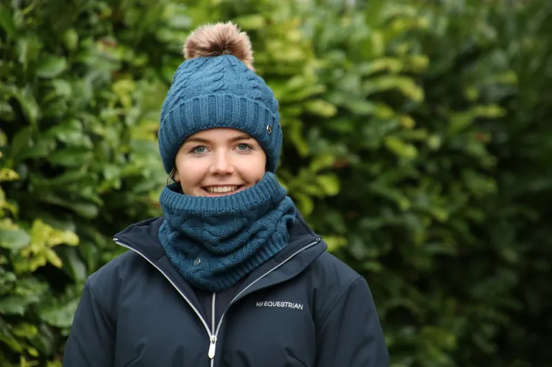 Hy Equestrian Melrose Cable Knit Bobble Hat - Petrol Blue-1